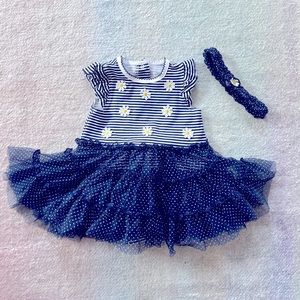 Little Me Navy Blue Daisy Dress with Matching Headband - Size 6 Months